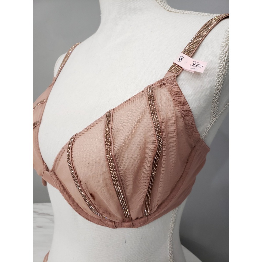 Victoria's Secret Shine Strap Unlined Low-Cut Demi Bra Thong Set Taupe 36DD & XL - Picture 3 of 11
